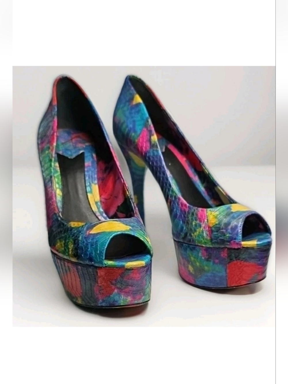 Brian Atwood Wmns Bambola Platform Pump Blue Snakeskin Peep Toe Heels Size 8 Euc